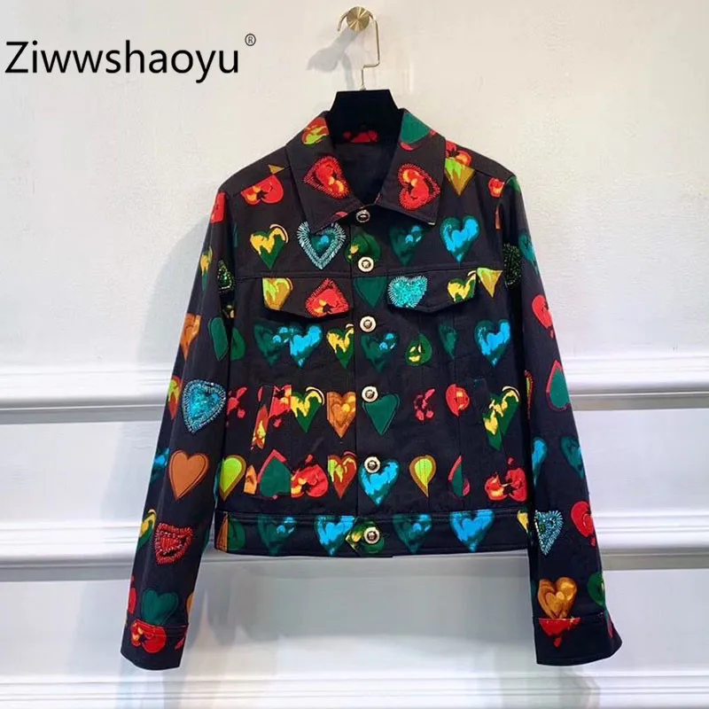 Ziwwshaoyu Модные осенние зимние цветные бисерный принт блестки с длинным рукавом джинсовые хлопковые куртки пальто женские