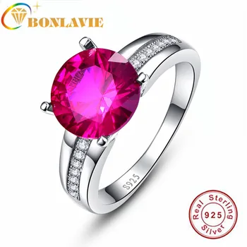 

BONLAVI 4.5Ct Red Gem Created Ruby Ring For Women 925 Sterling Silver Wedding Romantic bijoux Ring anel Female Fine jewelry