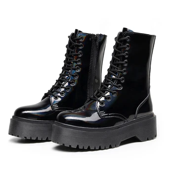 

High quality patent leather doc women platfrom boots 8 10 holes lace-up lady winter bottines muffin shoes with side zipper