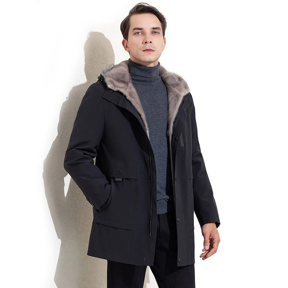 

2020 Luxury Mink Fur Parkas Men Winter Hooded Real Mink Fur Full Pelt Natural Fur Clothing Black Gray Male Winter Fur CLothes