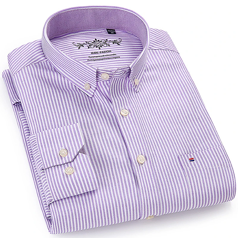 Checkered Shirts Work Gingham Oxford Thick Striped Long-Sleeve Mens Casual Plaid Regular-Fit