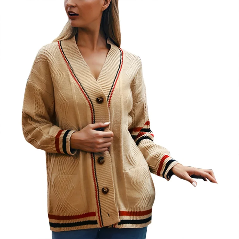 

2019 Autumn And Winter Casual Contrast Color Striped Cardigan Jacket V-neck Loose Sweater Women's Sweater