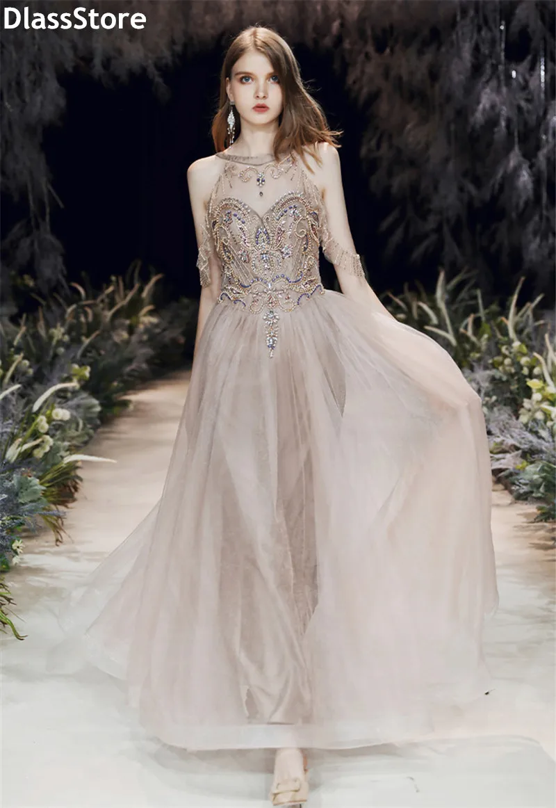 

Light Champagne Prom Dress Sleeveless 2020 Beading Sequin Illusion A-line Floor Length Backless Evening Dress