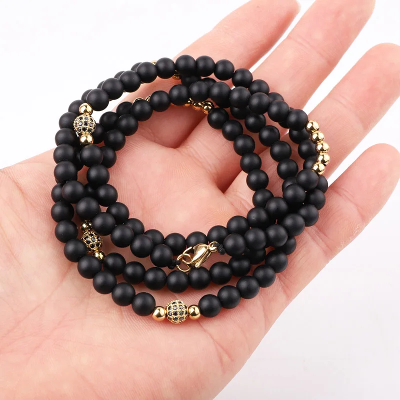 New Design Natural Stone Matte Onyx Stainless Steel Beads CZ Pave Ball Men Long Necklace 32inches Jewelry Gift Male - Image 4