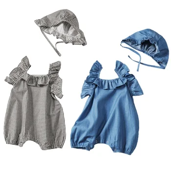

HIgh Quality Baby Girl Rompers Newborn Plaid Ruflles Bodysuits Baby Jumpsuits Infant Clothes Hat Outfit Set