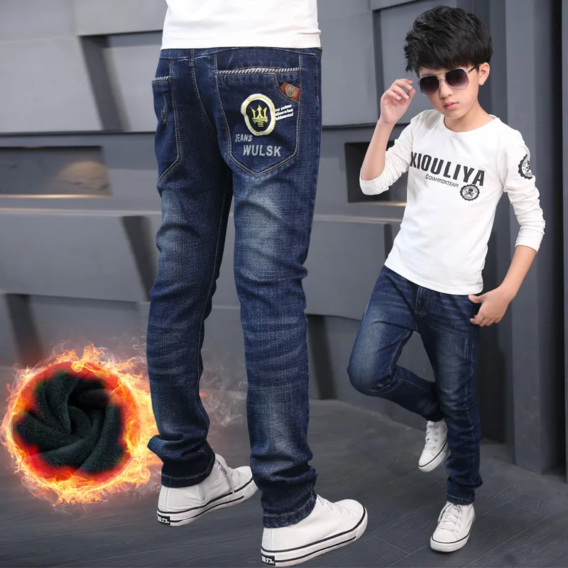 

BOY'S Brushed And Thick Jeans Teenager Middle And Large Children Young STUDENT'S Autumn And Winter Large Version of Warm Cowboy