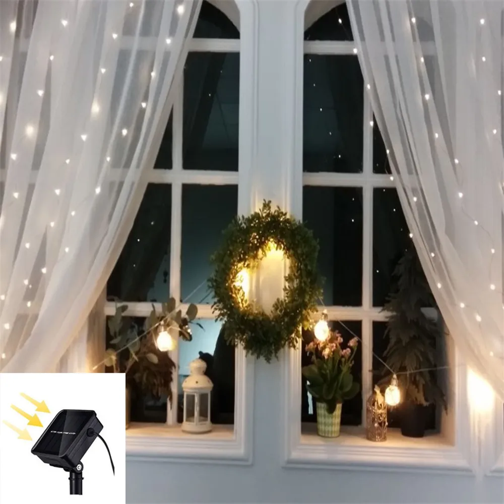 Beste 3x2 3x3m Solar LED Ijspegel Gordijn Fairy String Licht 200 300LED DIY Kerst bruiloft Venster Party Decor Tuin Waterdichte Lamp