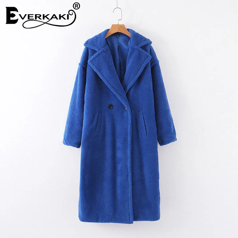 Everkaki Boho зимние куртки из искусственного овечьей шерсти, пальто для женщин, плюшевое пальто, однотонный длинный кардиган-пончо с карманами, Женская куртка, новинка - Цвет: Blue