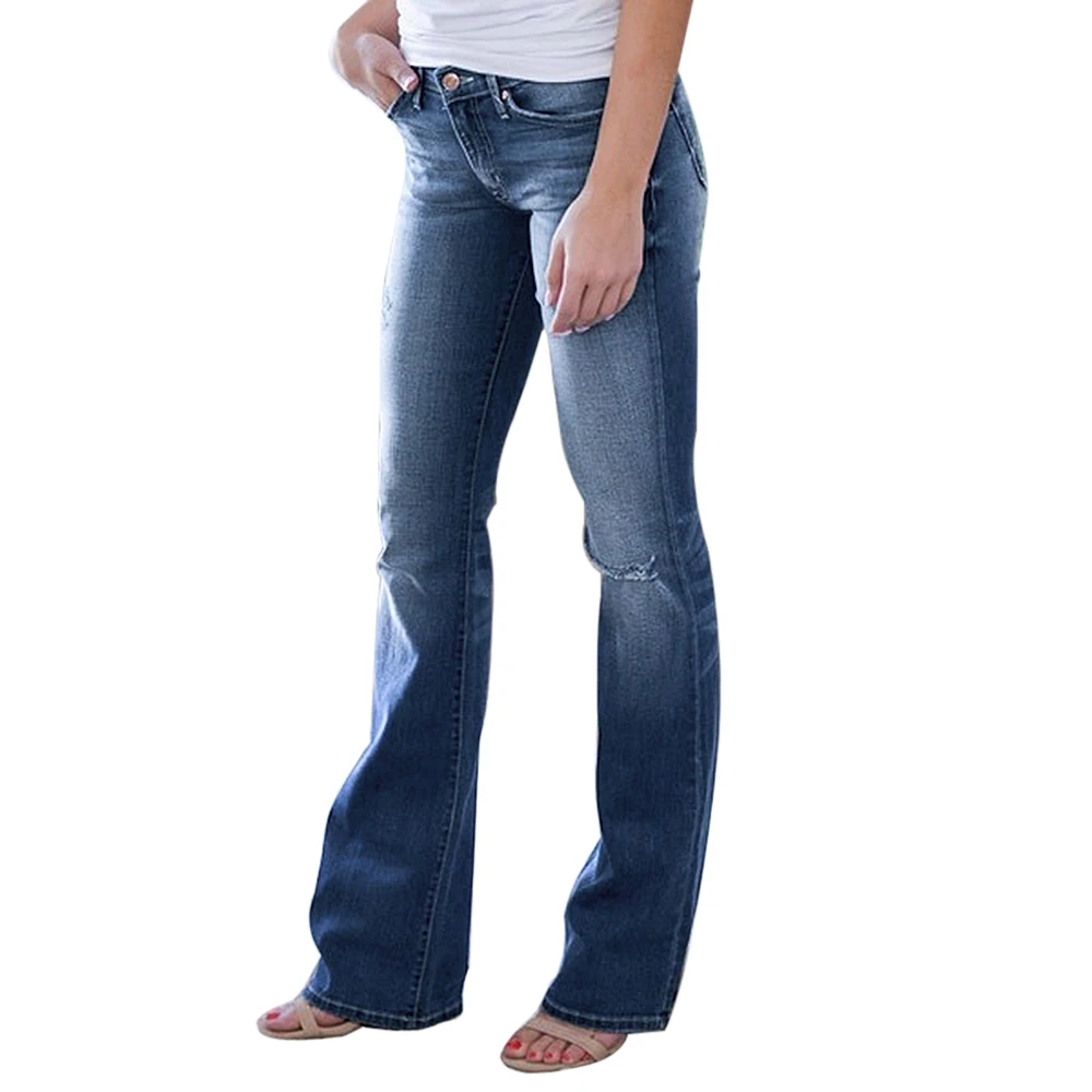 Oeak, женские модные повседневные рваные джинсы, женские винтажные Стрейчевые джинсовые штаны, женские широкие расклешенные брюки, длинные штаны на пуговицах - Цвет: Dark blue 1