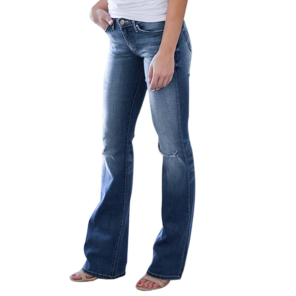 Dark blue 1 Oeak, женские модные повседневные рваные джинсы, женские винтажные Стрейчевые джинсовые штаны, женские широкие расклешенные брюки, длинные штаны на пуговицах - Цвет: Dark blue 1