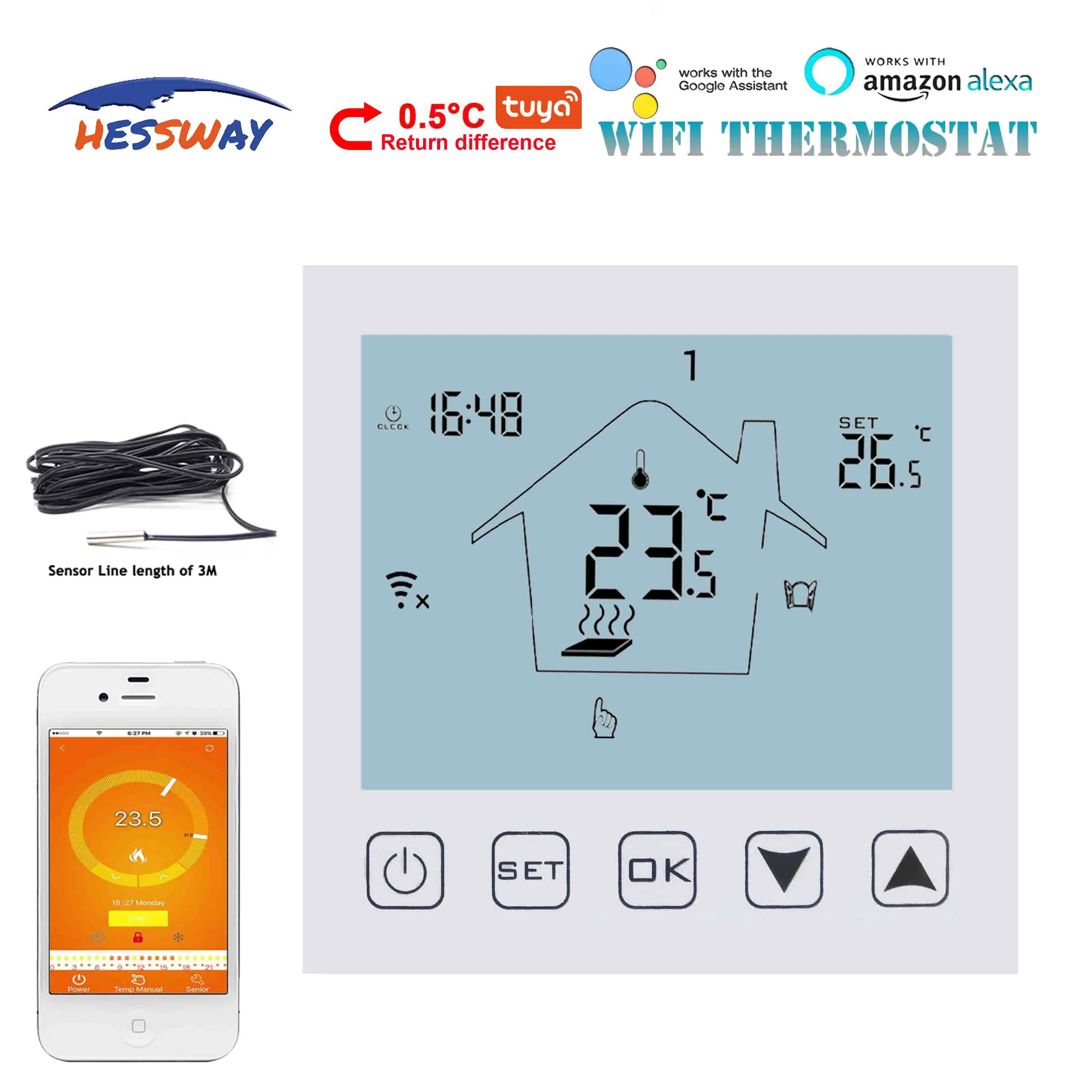 

HESSWAY NO/NC google home control WIFI THERMOSTAT for floor heating 3A
