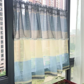 

1 PCS Rod Pocket American Short Curtain for Kitchen Grey Blue Linen Tulle Double Pleats Half Curtain Window Partition DL019&3