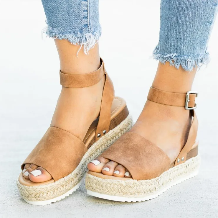 

Large Size Leopord Pattern 2019 Summer New Style Sandals Europe And America Woven Flax Elastic WOMEN'S Sandals