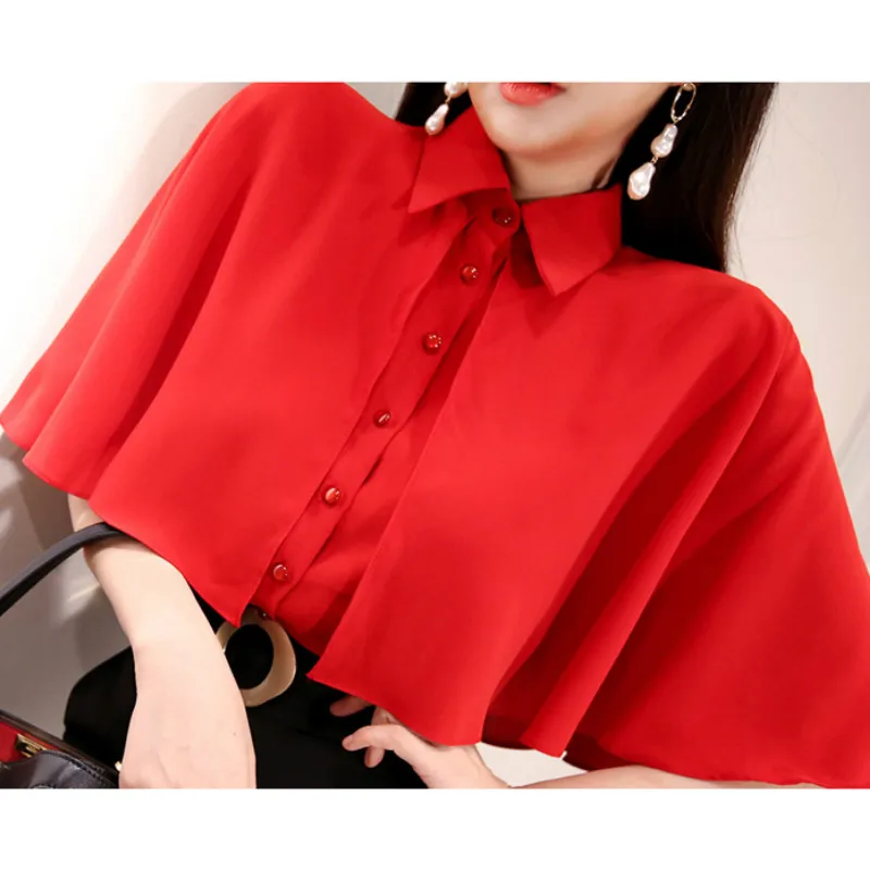Women Short Sleeve Red Tops Summer Office Lady Red Shirts Woman Black