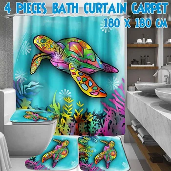 

4 IN 1 Colorful Turtle Shower Curtain Waterproof Bath Curtains Polyester Fabric Toilet Cover Mat Bathroom Non-Slip Mat Rug Kit