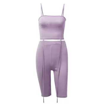 

019 New Fashion Style Women Summer Crop High Solid Shorts Pants Casual Tracksuit Sleeveless Draped 2Pcs Set