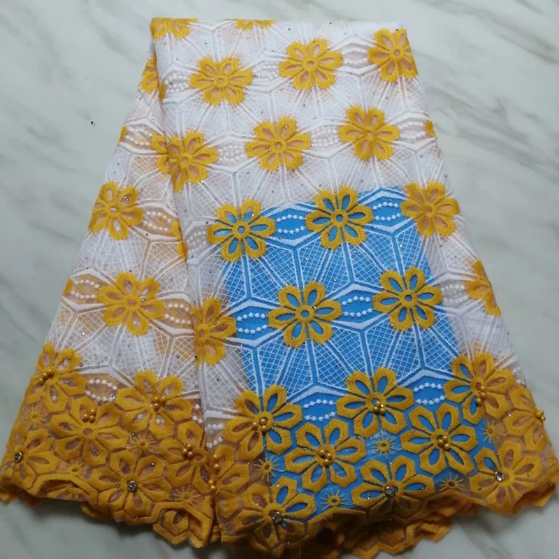 

Bright Yellow Latest French Lace Fabric 2019 African Nigerian Embroidered Tulle Lace Fabric With Stones For Wedding Party Dress