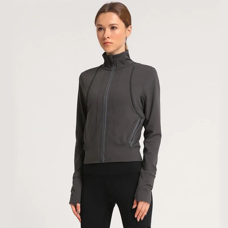Осенняя и зимняя новая стильная спортивная куртка для йоги и фитнеса, Женская облегающая куртка на молнии с воротником-стойкой, одежда для йоги