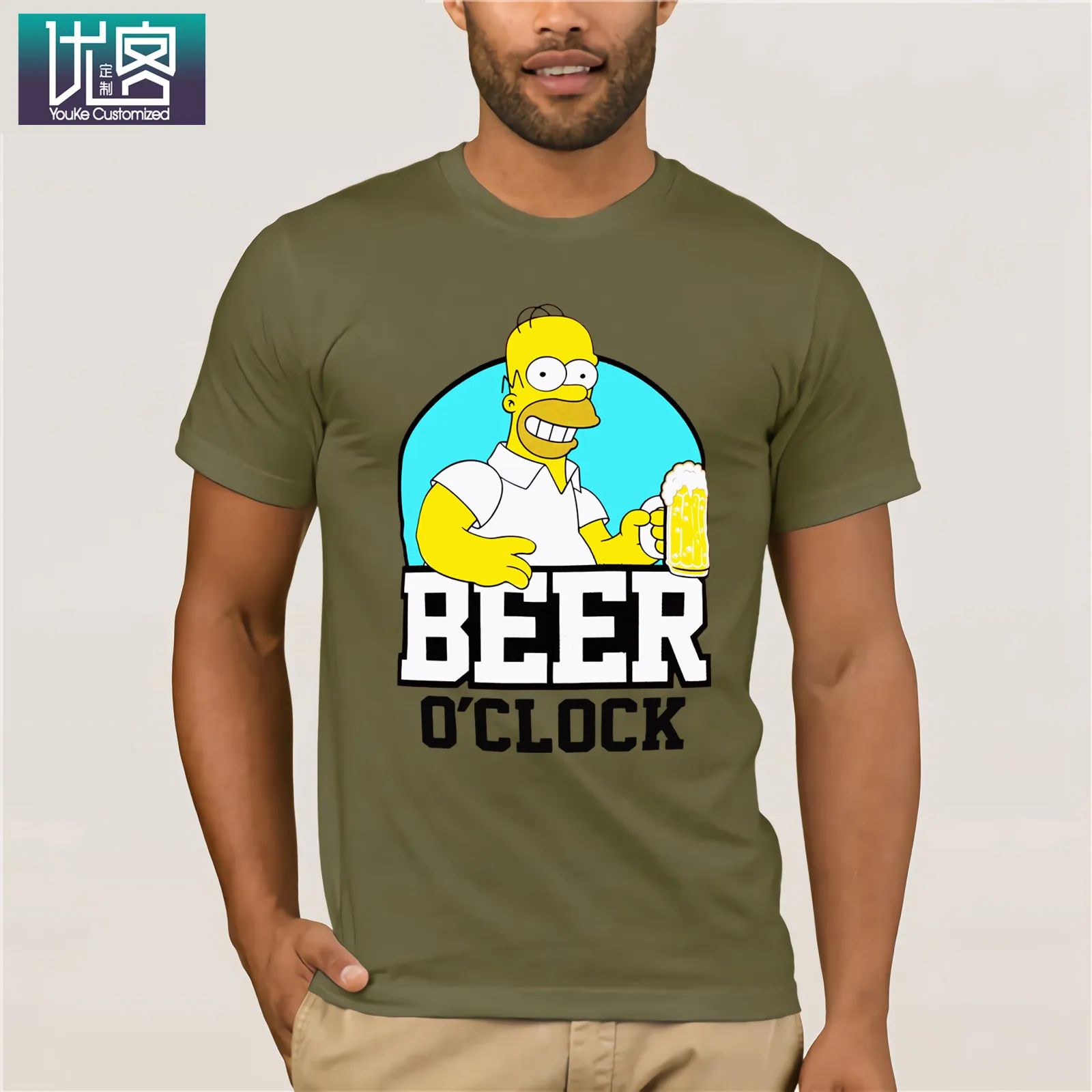 The Simpsons-BEER Clock-Homer Simpson, Мужская футболка, красные размеры, S-XXL, Забавные футболки, хлопковые топы, футболка, винтажный вырез лодочкой - Цвет: army green