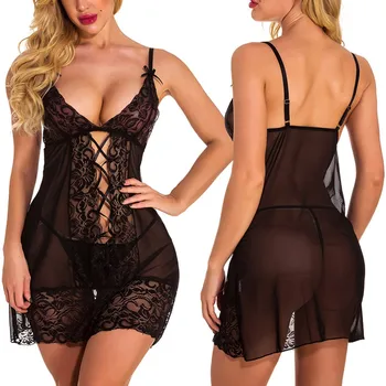 

S-2XL Sexy Sleepwear Women Lace Nuisette Sexy Night Dress Women Bandage Sexy Nightwear Black Nightgowns For Women Summer пеньюар