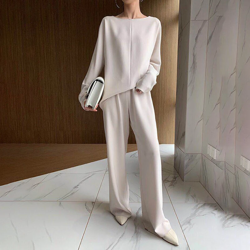 TWOTWINSTYLE Solid Casual Women Two Piece Set O Neck Long Sleeve High Waist Wide Leg Pants Female Suits 2020 Fashion Autumn New