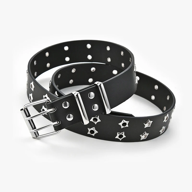 

Wide Belt Two Row Hole Punk Belt Double Alloy Pin Buckle PU Leather Double Star Eyelet Fashion Adjustable Grommet Waist Belt