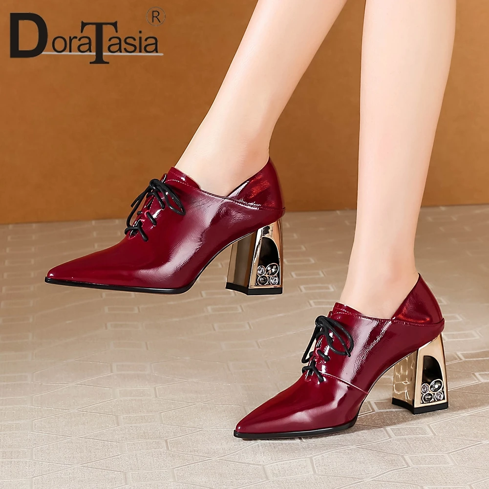 

DORATASIA Brand Fashion Lady Pumps Square Heel Elegant Spring Pumps Women Genuine Leather Lace Up Pointed Toe Shoes Woman