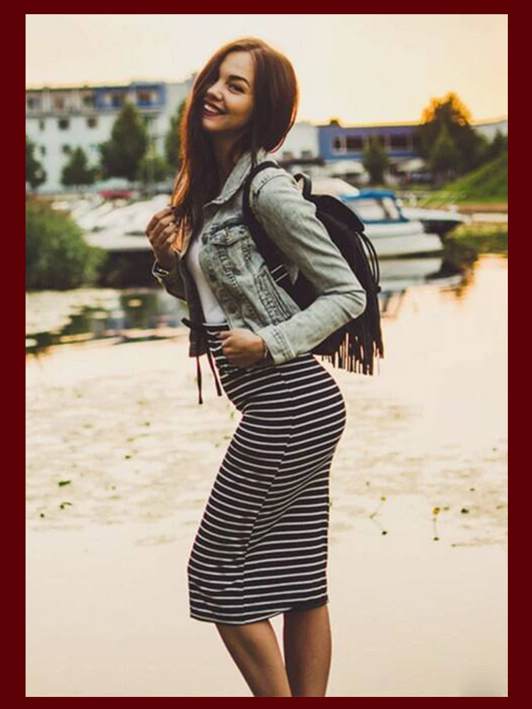Dotfashion, Женская Полосатая юбка с завязками на талии, осень, черная юбка-карандаш, Женская Повседневная Длинная юбка