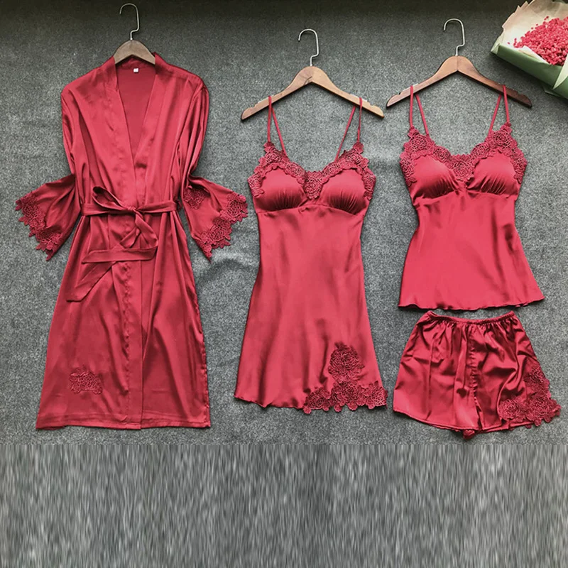 Baratos Ropa de dormir de satén para mujer con almohadillas para el pecho Sexy pijamas de encaje Slik Sleep Lounge 4 piezas conjuntos elegantes ropa interior para señoras