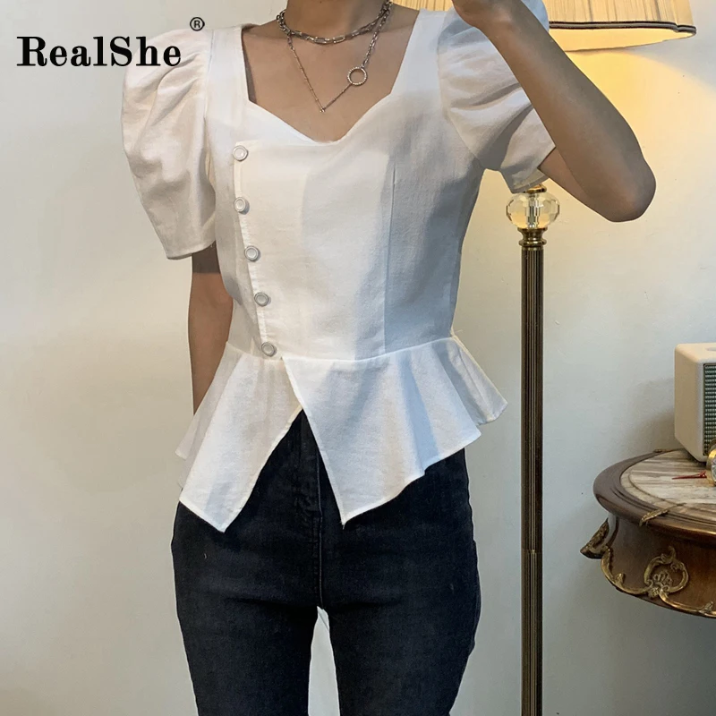 RealShe, модные женские рубашки, квадратный воротник, короткий рукав, пуговицы, асимметричные топы и блузки, Женская Летняя Повседневная Блузка