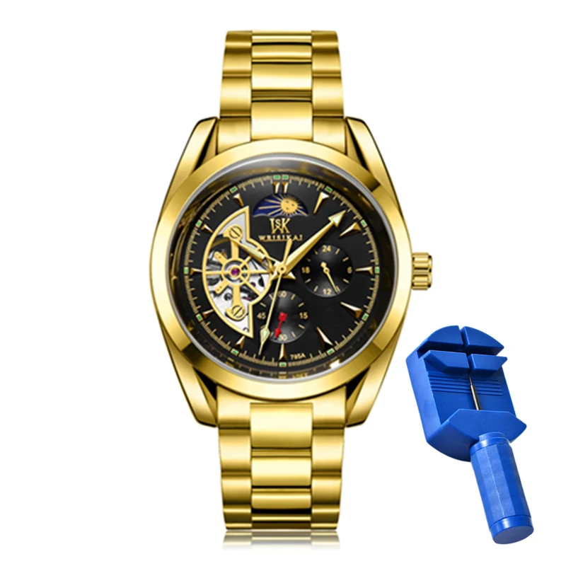 Automatic Mechanical Watches for Men Fashion Tourbillon Moon Phase Luminous Hands Stainless Steel Wristband Male Clock Gift 795 