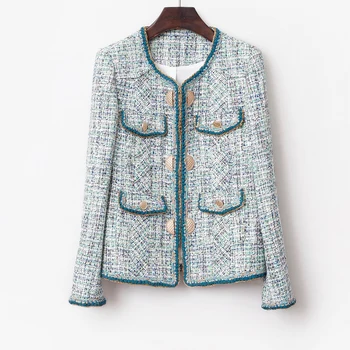 

Tweed jacket Turquoise autumn / winter women's jacket small fragrance wind long sleeve Business ladies one piece jacket coat