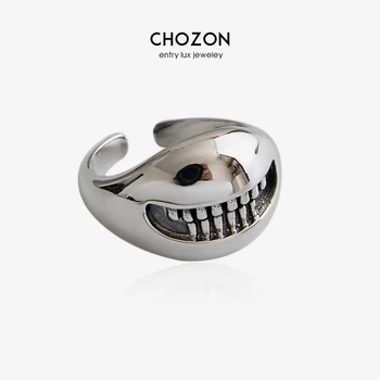 

S925 Sterling Silver Ring Retro Hip-hop Grinning Face Open Ring Personality Minority Silver Ring for Women Jewelry Gift