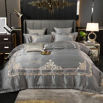 

Gray Blue Red Champagne Satin Silk Cotton Gold Embroidery Europe Palace Bedding Set Double Duvet Cover Set Bed Linen Pillowcases