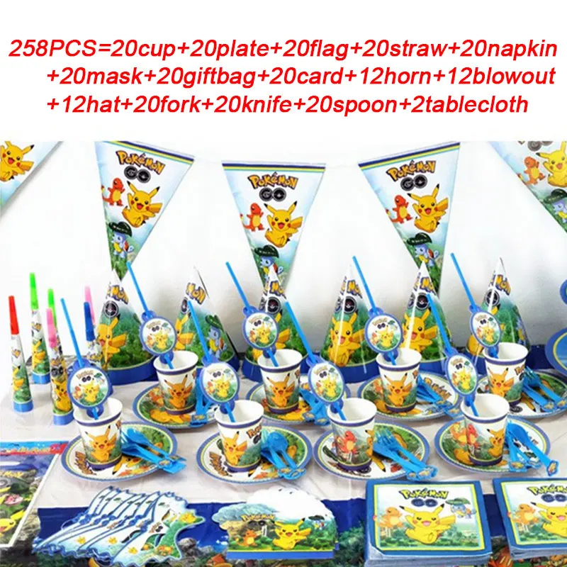 

258PCS/LOT Pokemon Theme Party Tableware Sets Pokemon Birthday Party Supplies Paper Cup Plate Fork Knife Flag Straws Table Decor
