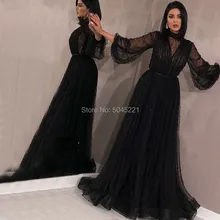 Черные мусульманские Вечерние платья трапециевидной формы Тюль с длинным рукавом жемчуг длинные ислам Дубаи Саудовской Аравии Длинные Формальные Вечерние платья