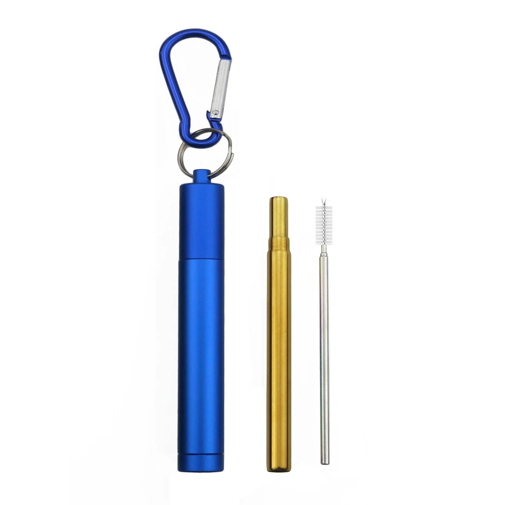 Портативный металлический складной набор соломы из нержавеющей стали 18/10, многоразовая телескопическая солома с чехлом для путешествий, чехол - Цвет: Blue Gold Straw