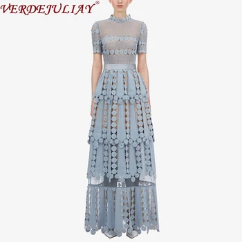 

VERDEJULIAY 2020 Spring Summer Fashion Runway Blue Dress Women's Short Sleeve Hollow Out Flower Embroidery Party Elegant Dress