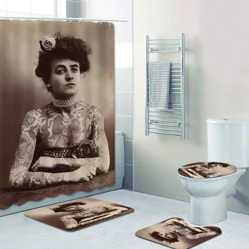 

Old Vintage Tatoo Woman Portrait Shower Curtain and Bath Rug Set Mats Tatooed Lady Bath Curtain for Bathroom Bathtub Accessories