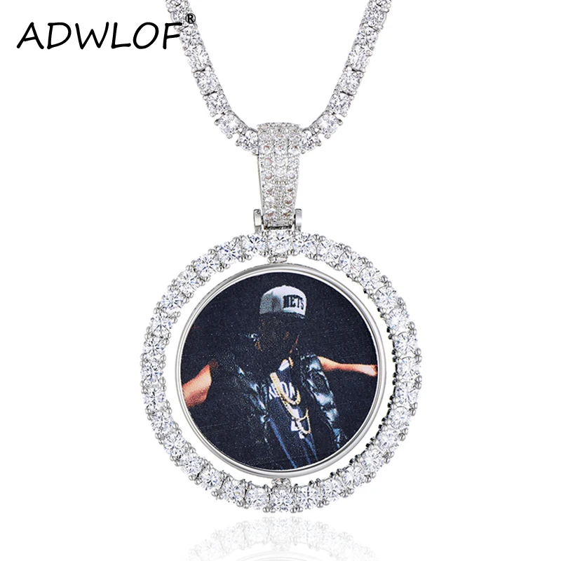 

Custom Made Photo Rotating double-sided Medallions Pendant Necklace 4mm Tennis Chain Zircon Men's Hip hop Jewelry