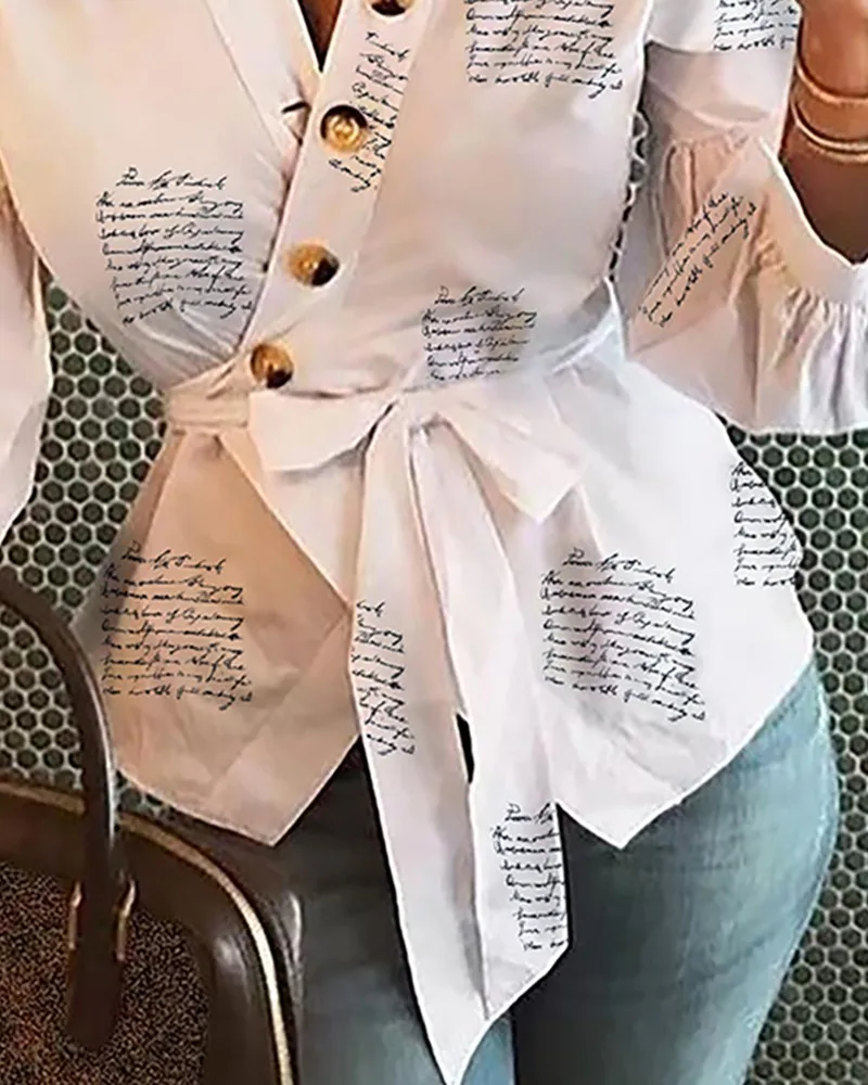 2020 letter printed blouse explosion models Spring long-sleeved V-neck lantern sleeve shirt, streetwear