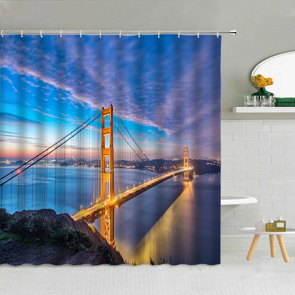 

Американский современный городской пейзаж, занавеска для душа, американский мост, здание, водонепроницаемая ткань, декор для ванной комнаты, занавеска с крючками для экрана ванной