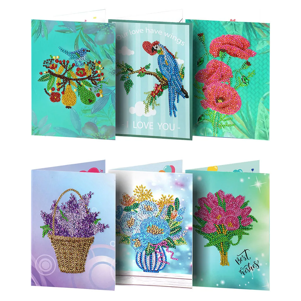 6pc Diy Greeting Card Diamond Painting Flower And Bird Christmas Blessing Greeting Thank Card Gift Holiday Supplies#3s