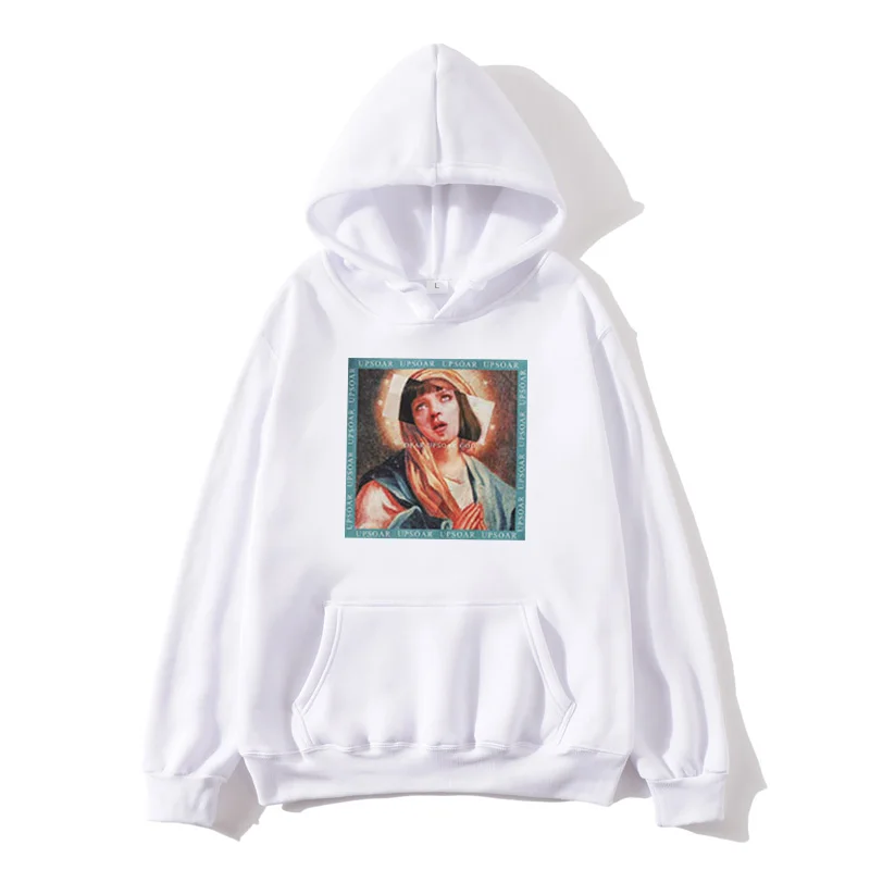 

Men's Pulp Fiction Cotton Fleece Hoodies Sweatshirts 2019 Man Virgin Mary Mia Wallace Sweatshirts Hoodies Comics Hoodie