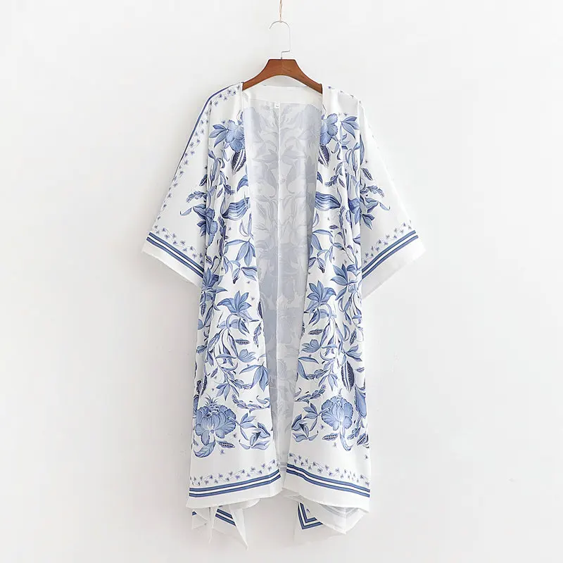 Tangada винтажное кимоно с принтом кардиган женский шифоновое длинное кимоно femme цветочное богемное кимоно пляжное японское 1D429 - Цвет: Синий
