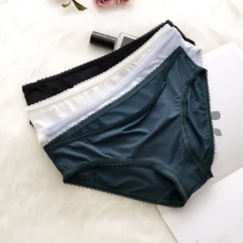 

Ice Silk Summer Thin Girls Briefs Seamless Floral Lace Soft Cotton Crotch Cozy Female Underpants Solid Low-waist Women Intimate