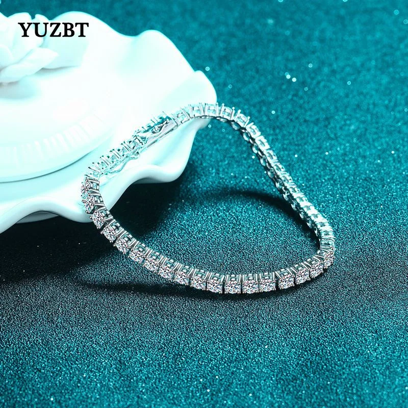 YUZBT 18K White Gold Plated Excellent Cut 5 Carat Gemstone Diamond Test Past D Color Moissanite Stones Beads Bracelet Chain