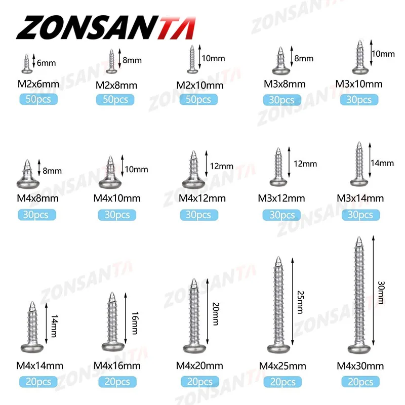 ZONSANTA 460Pcs M2 M3 M4 Phillips Round Head Self tapping Screw Set Stainless steel Pan Head Wood Screws Assortment Kit