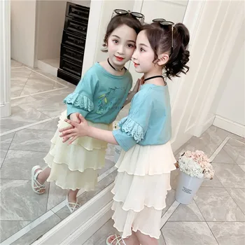 

Baby Girl Clothes Set 9 Years Layered Skirt and Top Set Lace Sleeve Floral Print 2 pcs Outfits Casual Children's Clothing Suit