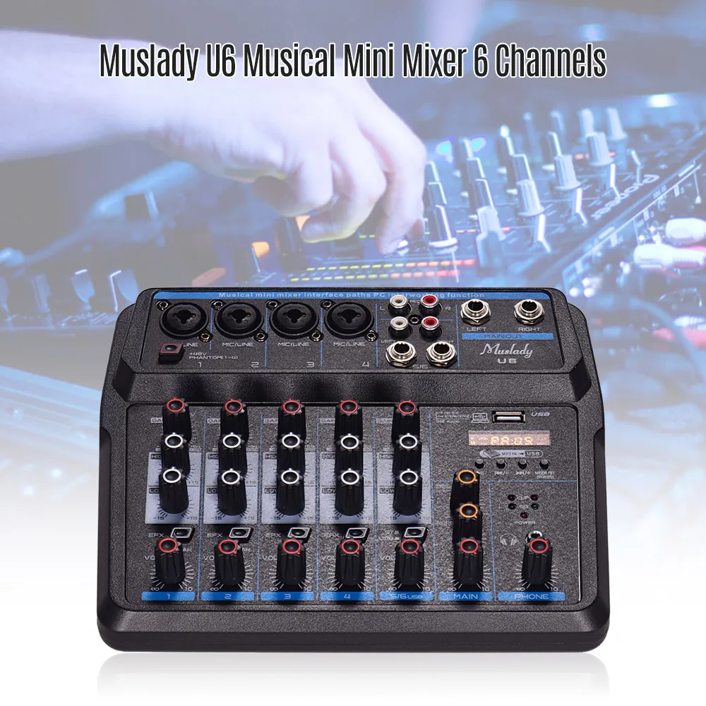 Muslady U6 музыкальный мини-миксер 6 каналов звуковые Микшеры BT USB микшерный пульт со звуковой картой встроенный 48 В фантомное питание EU Plug
